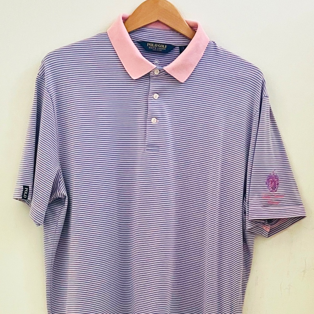 Polo Golf Ralph Lauren Performance Polo Mens Large Trump National Logo Blue/Pink